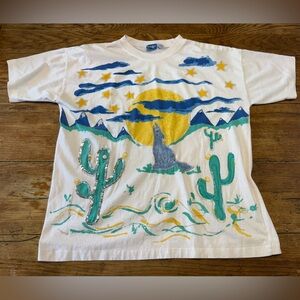 VTG 80’s Unique Desert Folk Art Graphic Single Stitch T Coyote Cactus Moon Sz L
